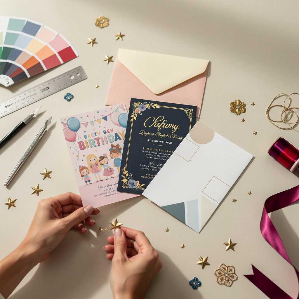 Birthday Invitation design styles gallery showing modern, playful, elegant and cinematic invitation designs